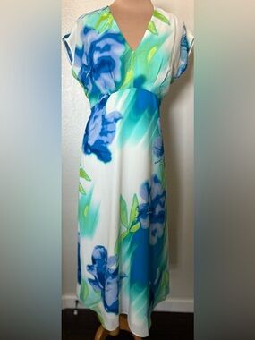 Maggy London Blue, Green & White V-Neck Floral Maxi Dress